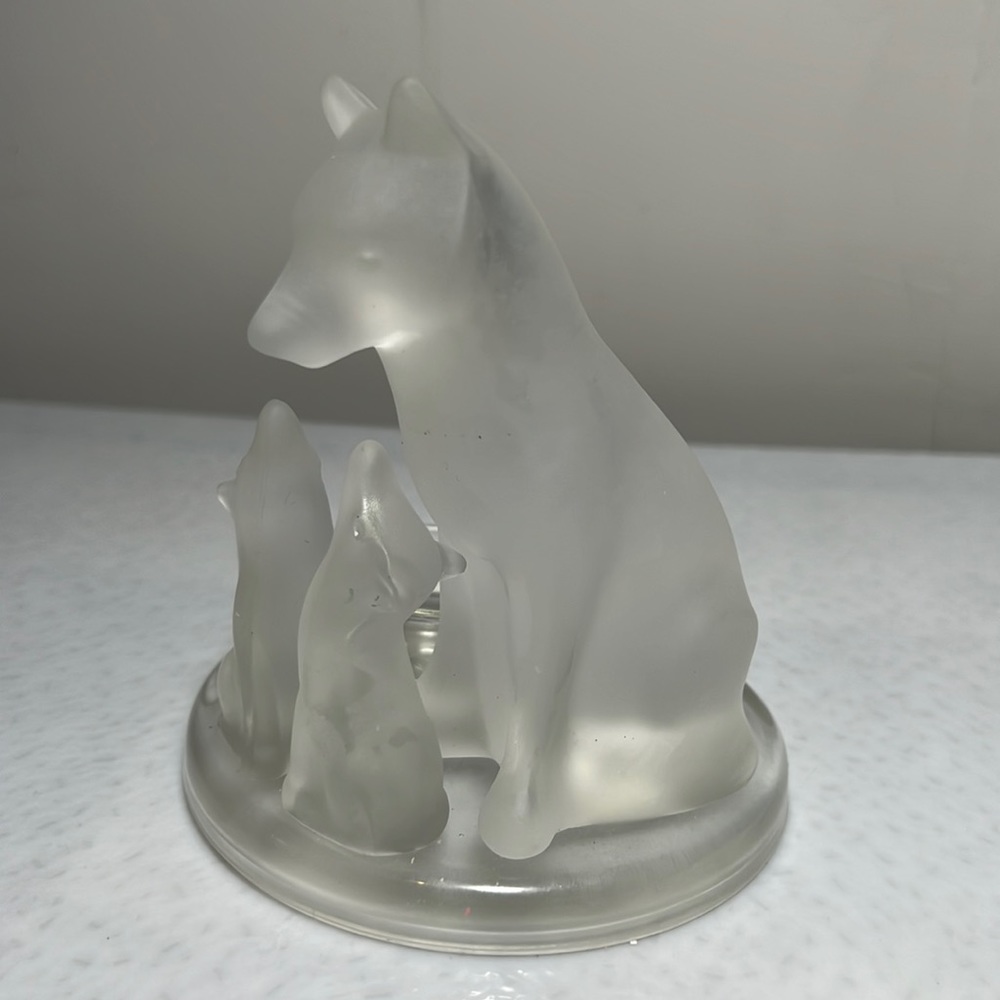 Vintage Partylite Frosted Glass Wolf and Pups Candleholder